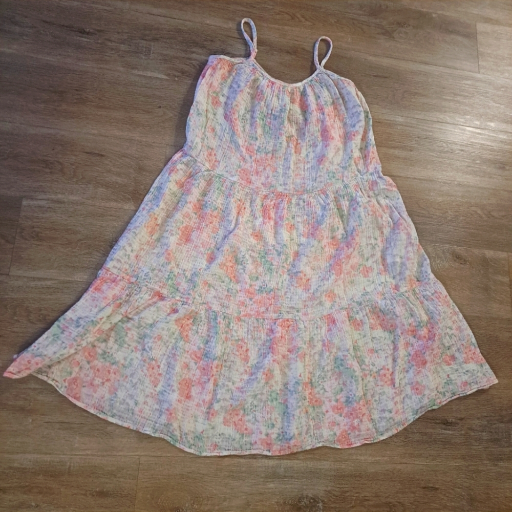 H&M White Floral Cotton Midi Summer Dress Pastel Multicolors Crinkle Style Small